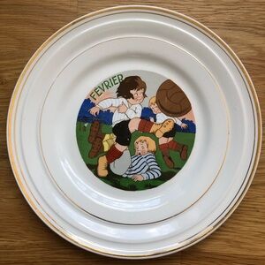 Vintage Ceranord France Semi Porcelain Dessert Plate - February Fevrier Rugby